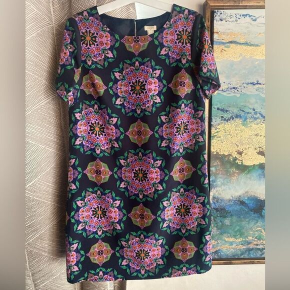 J Crew Mini Dress Multicolor Floral Shift Short Sleeve Size 6 Lined - Picture 1 of 8